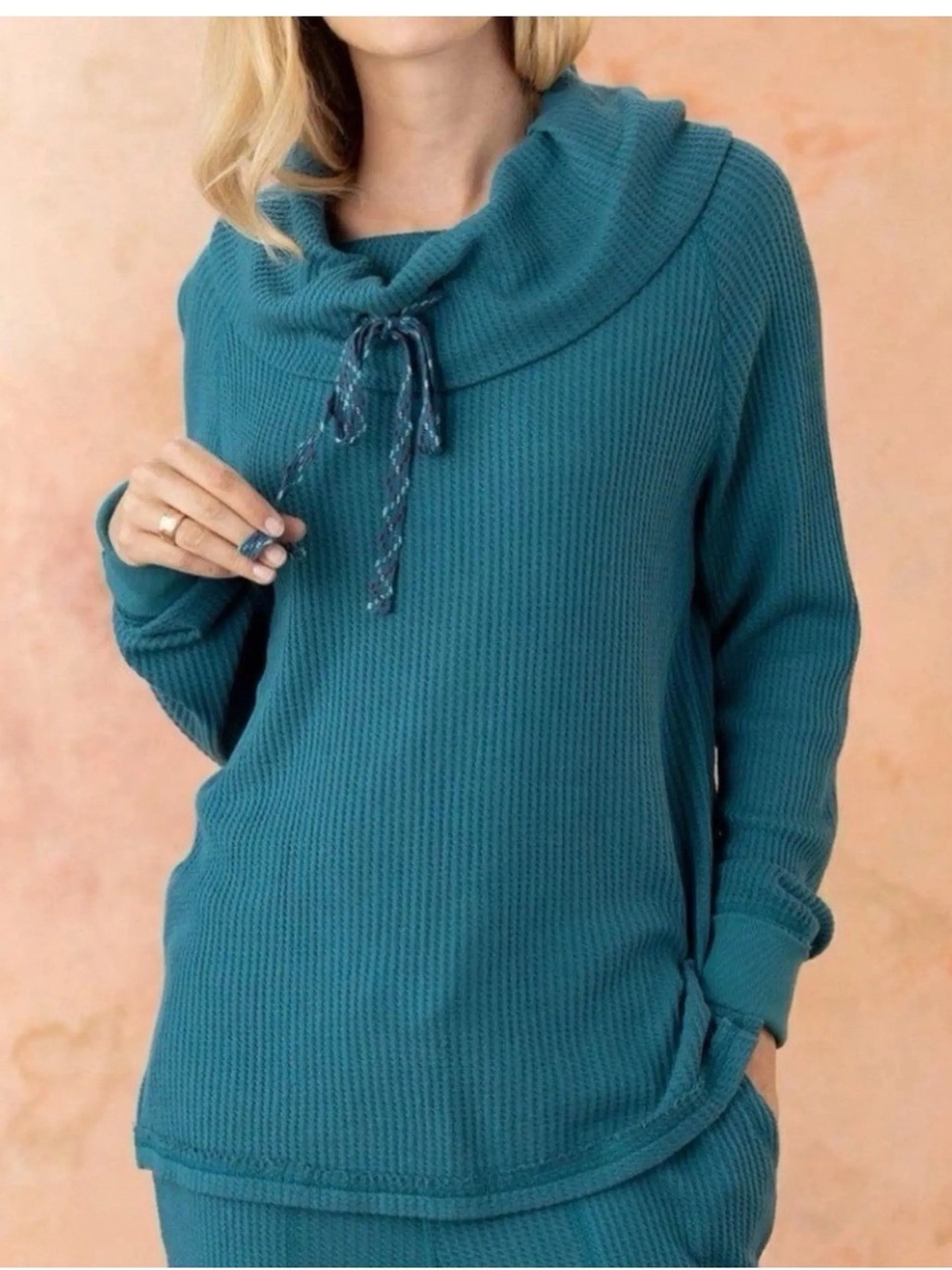 SUNDANCE Winter's Postcard Waffle Knit Drawstring Cowl Neck Top Emerald Blue S